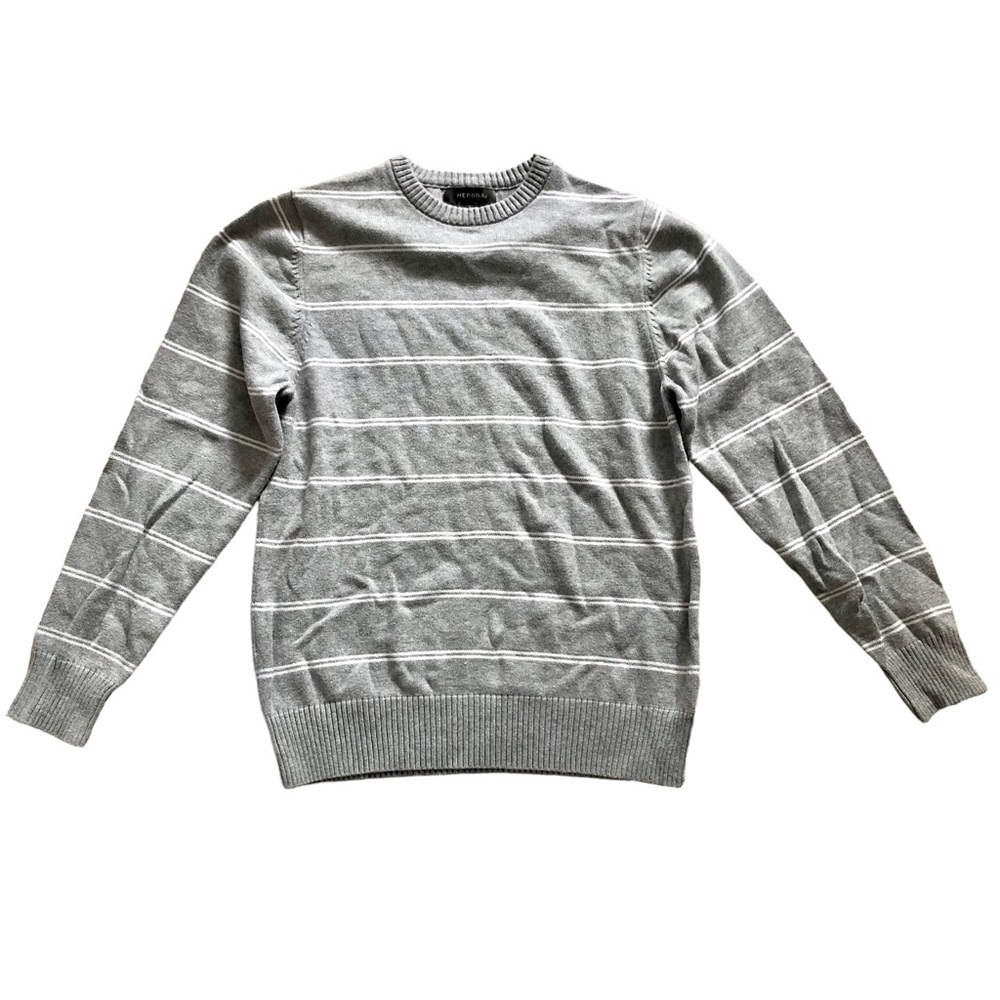 Merona Men’s Crewneck Striped Cotton Pullover Sweater, Gray White Size Small